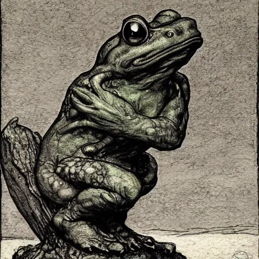 Prompt: toad philosopher toad in a pose The Thinker, swamp, by Auguste Rodin, illustrations by irish fairy tales james stephens arthur rackham, fairy tale illustrations, top cinematic lighting , cinematic mood, very detailed, shot in canon, green colour.