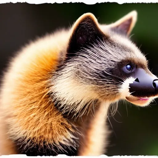 Image similar to a honeybadger - cat - hybrid with a beak, animal photography, wildlife photo