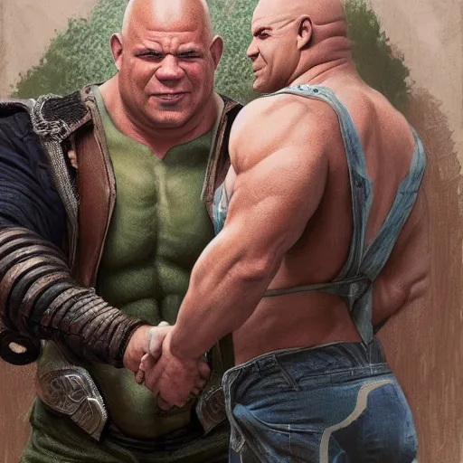 Image similar to Vin Diesel Shakes hands with Shrek, intricate, stunning, highly detailed, digital painting, artstation, concept art, smooth, sharp, focus, illustration, art by artgerm and greg rutkowski and alphonse mucha