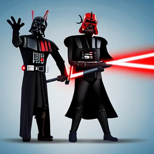 Prompt: darth maul and darth vader standing proudly shoulder to shoulder cartoon