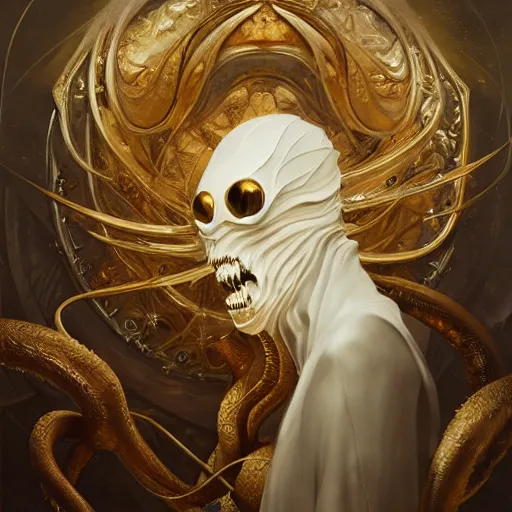 Prompt: ethereal painting, dark with golden light, white marble and gold, illithid, angelarium, cthulhu, h r giger, rembrandt, peter mohrbacher, oil on canvas