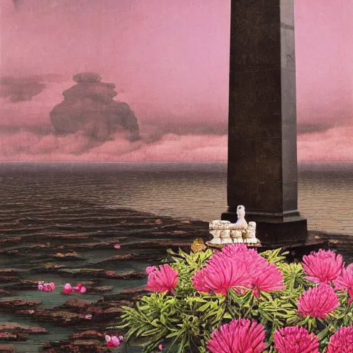 Prompt: David Friedrich, giant marble chess pieces, gold rings, liminal spaces, party balloons, checkered pattern, mirrors, David Friedrich, award winning masterpiece with incredible details, Zhang Kechun, a surreal vaporwave vaporwave vaporwave vaporwave vaporwave painting by Thomas Cole of an old pink mannequin head with flowers growing out, sinking underwater, highly detailed