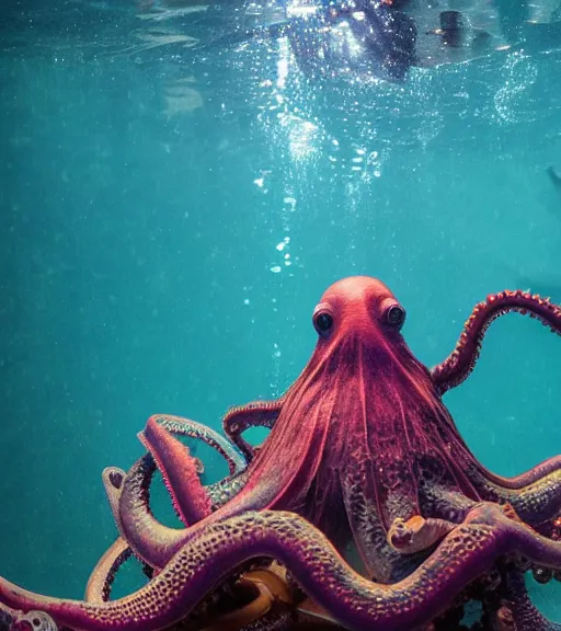 Image similar to cybernetic octopus professor in an underwater lab, 8K, National Geographic photography