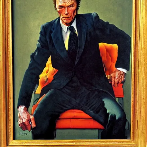 Prompt: a portrait painting of Clint Eastwood. Painted by Norman Rockwell