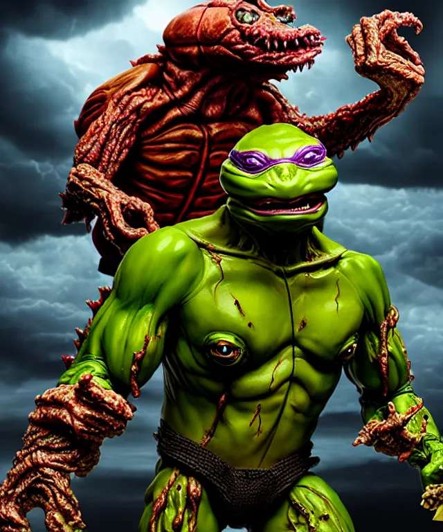 Image similar to hyperrealistic rendering, epic boss battle, cronenberg flesh monster tmnt, by art of skinner and richard corben, product photography, collectible action figure, sofubi, hottoys, storm clouds, outside, lightning