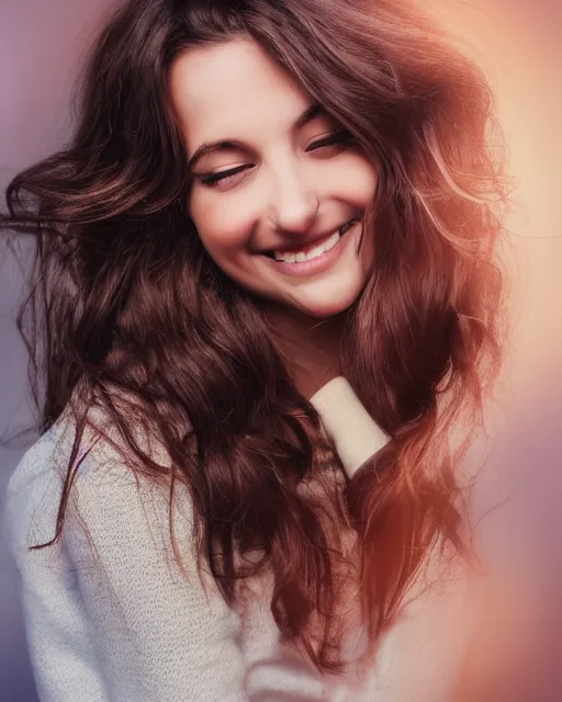 Prompt: beautiful italien woman, long brown hair, playful smile, mix between illustration and photo, backlit, pastel color gradients, soft lighting, sharp details