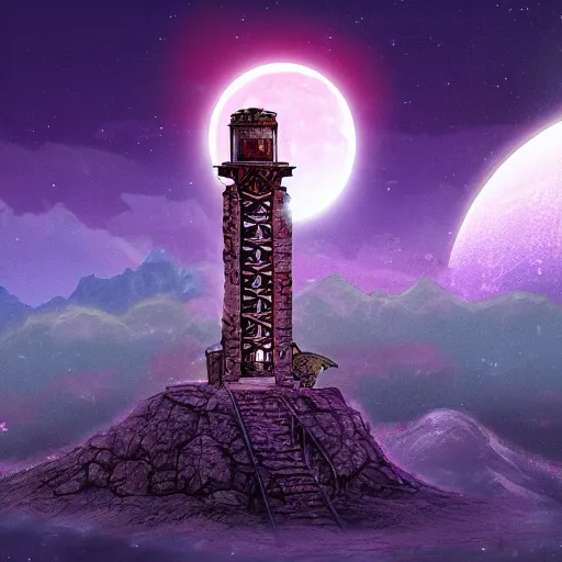 Prompt: ancient tower in the moon, retrowave epic art, trending on art station