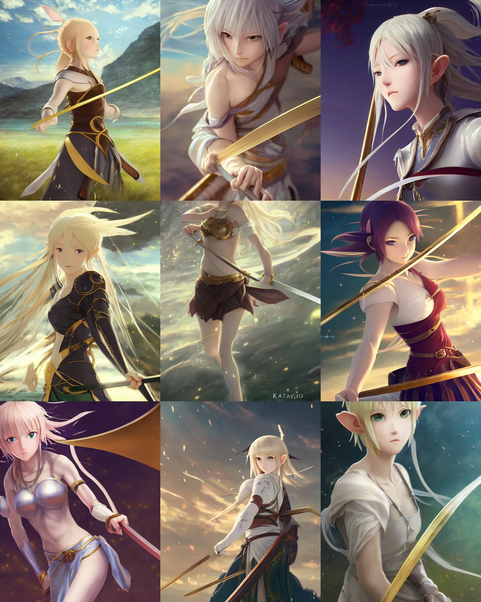 Prompt: renaissance art elf girl with white skin, katana in hand, golden hair blowing the wind, trending artistic art, soft anime, dynamic photography, photorealistic, fate zero, realistic face, extremely high detailed, bokeh color background, studio ghibly makoto shinkai yuji yamaguchi, wlop