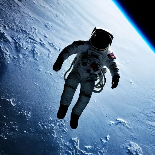 Image similar to photograph of an astronaut against the darkness of space, singular light source from below, full body photo, amazing light and shadow contrast, 8 k