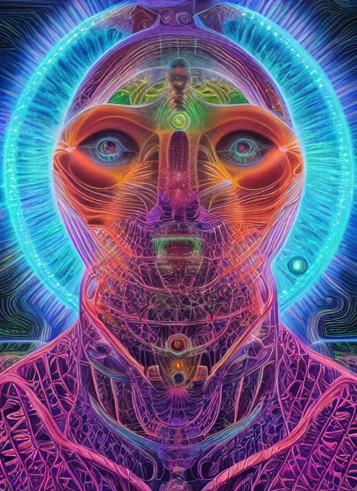 Image similar to humankind transcendence into collaborative intelligence, group intelligence, ai, by alex grey, album cover, award winning, beautiful, colorful, volumetric lighting, trending on artstation