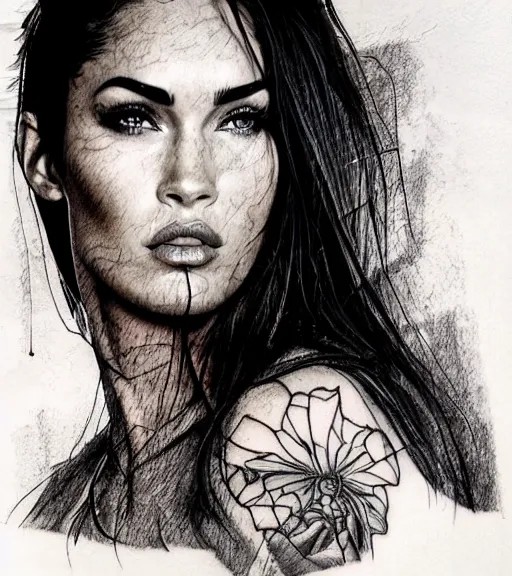 Prompt: realism tattoo sketch of a megan fox face double exposure mountain scenery, in the style of matteo pasqualin, amazing detail, sharp, faded