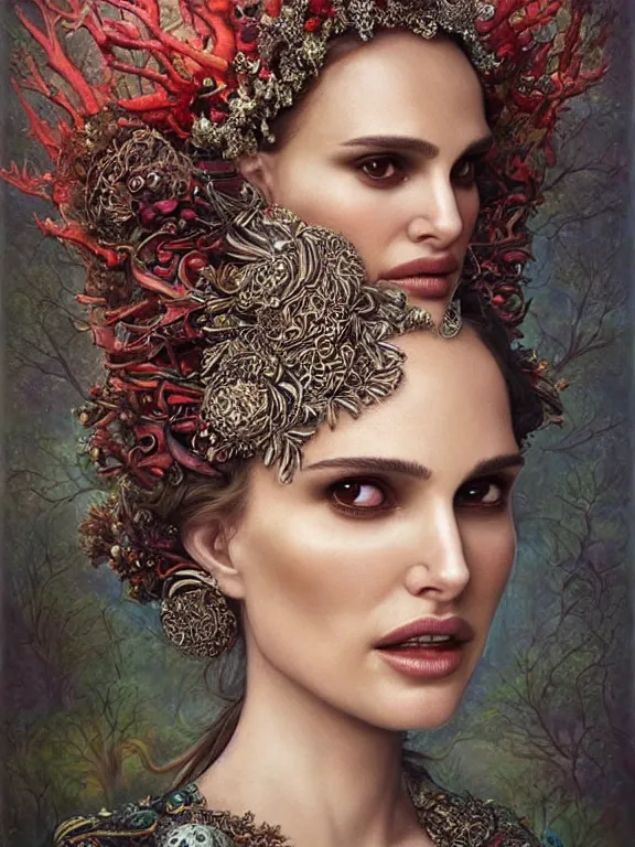 Prompt: a portrait render of Natalie Portman between fish and coral reef who has baroque dramatic headdress with intricate fractals of shellfish and pearls,by tom bagshaw and Agnieszka Lorek and Visarute Angkatavanich and aaron horkey and peter gric,trending on pinterest,rococo,hyperreal,maximalist,glittering,feminine