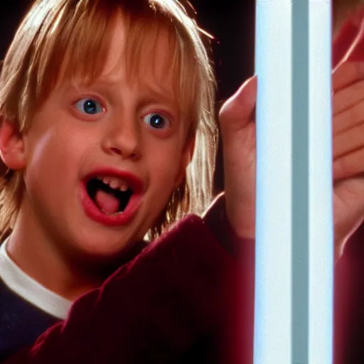 Image similar to A still of Kevin McCallister from Home Alone (1990) with a lightsaber