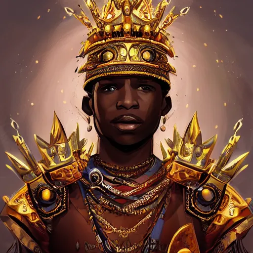 Prompt: a young black boy dressed like an african moorish warrior in gold armor and a crown with a ruby, and a very ornate glowing scimtar, for honor character digital illustration portrait design, by android jones in a psychedelic fantasy style, dramatic lighting, hero pose, wide angle dynamic portrait