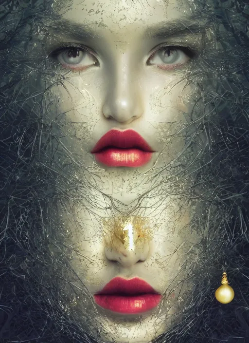 Image similar to glowing silver and golden elements, head and shoulder portrait, young female model from shutterstock as a evil witch, book cover, green forest, white moon, red lips, establishing shot, extremly high detail, photo-realistic, cinematic lighting, pen and ink, intricate line drawings, by Yoshitaka Amano, Ruan Jia, Kentaro Miura, Artgerm, post processed, concept art, artstation, matte painting, style by eddie, raphael lacoste, alex ross