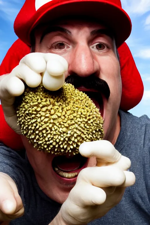 Image similar to photo of real life mario finding a giant amanita muscaria, exhilarated, portrait, closeup. mouth open, 3 0 mm, bokeh