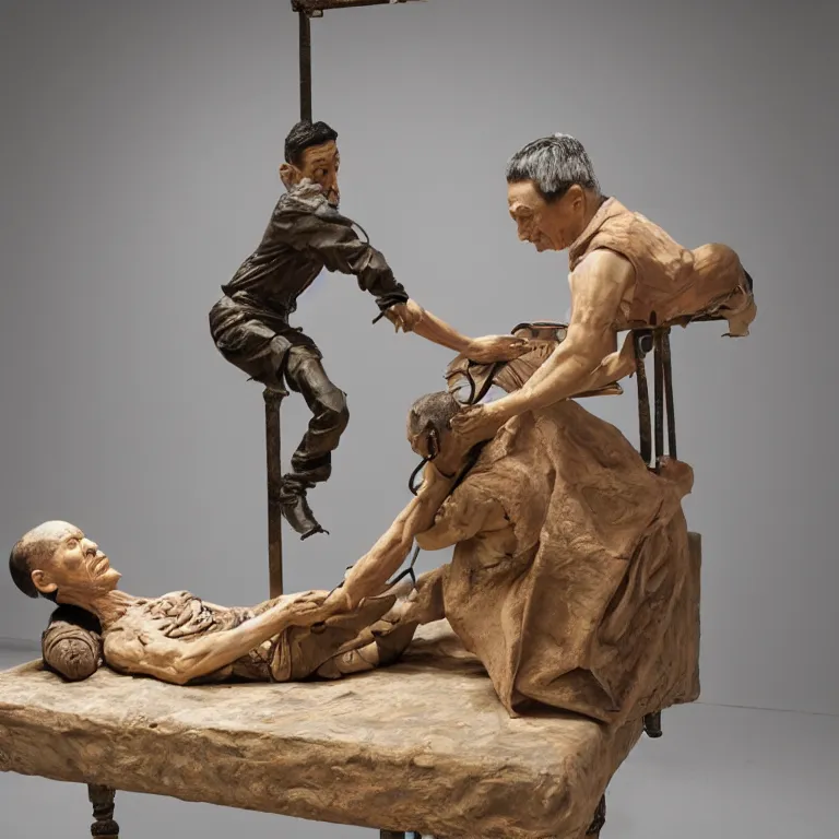 Image similar to hyperrealistic sculpture of a fossilized bronze male uyghur prisoner having surgery in a cage on a pedestal by ron mueck and duane hanson and lee bontecou and giacometti, hyperrealistic dramatic colored lighting trending on artstation 8 k