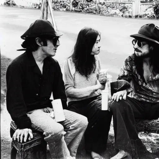 Image similar to john lennon and yoko ono smoking with an old nepali man from 1970s era, vintage photograph