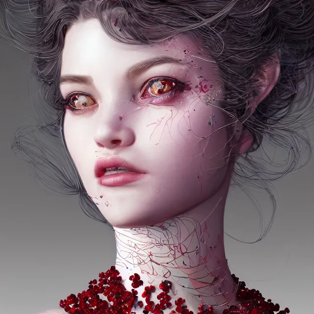 Prompt: studio portrait of absurdly beautiful, elegant, young woman made of rubies looking up, ultrafine hyperrealistic detailed face illustration by kim jung gi, irakli nadar, intricate linework, sharp focus, bright colors, matte, octopath traveler, final fantasy, unreal engine highly rendered, global illumination, radiant light, intricate environment