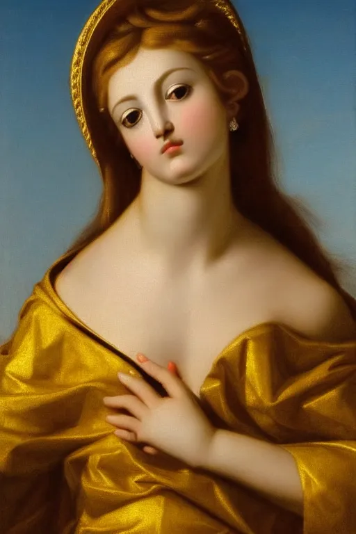 Image similar to Beautiful girl, calm face, closeup, ultra detailed, made in gold, Guido Reni style