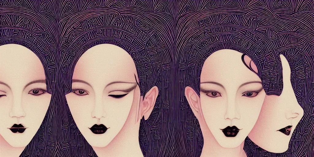 Prompt: breathtaking detailed concept art painting art deco pattern of goth twin faces goddesses amalgamation symmetric, by hsiao - ron cheng, bizarre compositions, exquisite detail, extremely moody lighting, 8 k