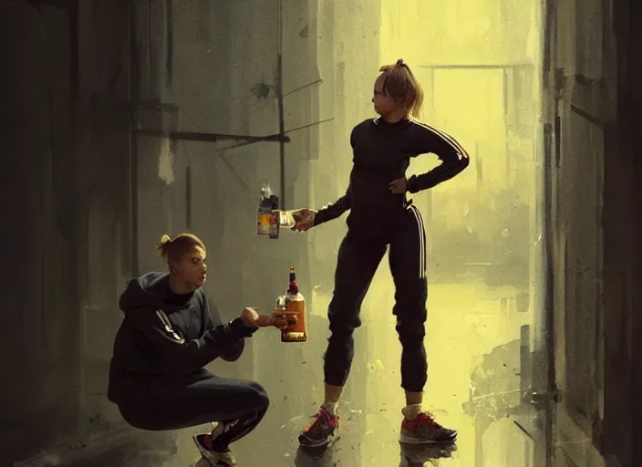 Image similar to russian slav heroine wearing an addidas tracksuit squatting with whiskey in one hand and a cigarette in the other hand. by greg rutkowski and wlop, detailed, cinematic, artstation, 8 k, intricate, rule of thirds.