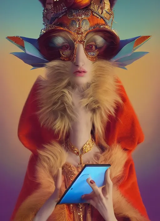 Image similar to an anthropomorphic beautiful goddess female wizard made of fox portrait holding a portable computer wearing colourful robe, fine art, award winning, intricate, elegant, sharp focus, octane render, hyperrealistic, cinematic lighting, highly detailed, digital painting, 8 k concept art, art by jamie hewlett and z. w. gu, masterpiece, trending on artstation, 8 k