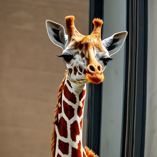 Image similar to foreground, giraffe girl. she has a very long neck and is fluffy. wool. beautiful attire. she looks in the windows. on the 3 rd floor. hyper - realistic photo. fantasy