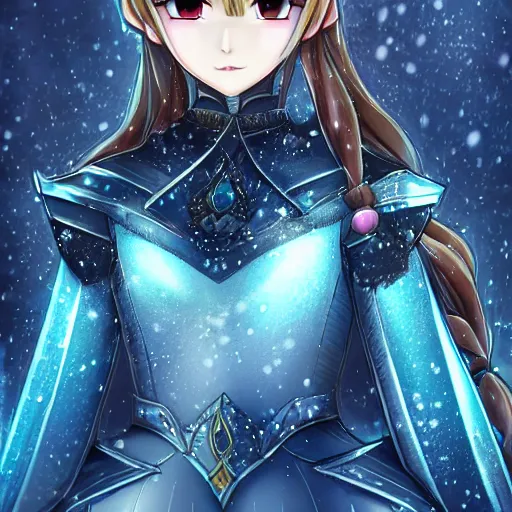 Image similar to portrait focus of knight beautiful 3D anime girl, Frozen ice crystal armor wearing, dark forest background, snowing, bokeh, inspired by Masami Kurumada, digital painting, high contrast, unreal engine render, volumetric lighting, high détail