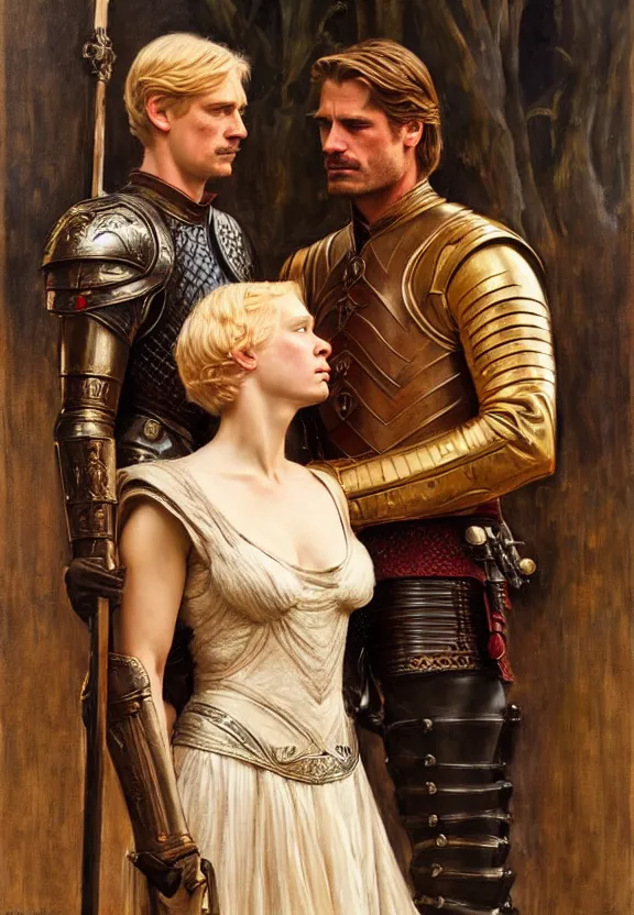 Prompt: attractive handsome fully clothed jaime lannister confesses his love for attractive fully armored brienne of tarth. highly detailed painting by gaston bussiere and j. c. leyendecker 8 k