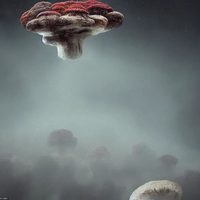 Image similar to a planet of various fungus, mushrooms and plants, inside the picture is infinity, Atmospheric phenomenon, artistic photography, muted colors, conceptual, long exposure outside the city, volumetric light