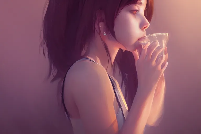 Image similar to a girl drinking water, digital art by wlop, greg ruthowski, ross tran, trending on artstation and deviantart, extremely high quality, amazing lighting