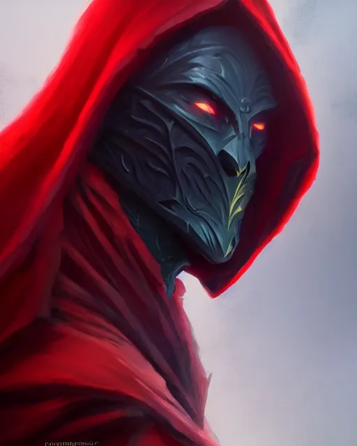 Prompt: painting of a wicked cool faceless baron in a hooded dark red cloak, fantasy, artstation, cgsociety, ultra high detail, stylized, centered, close up shot