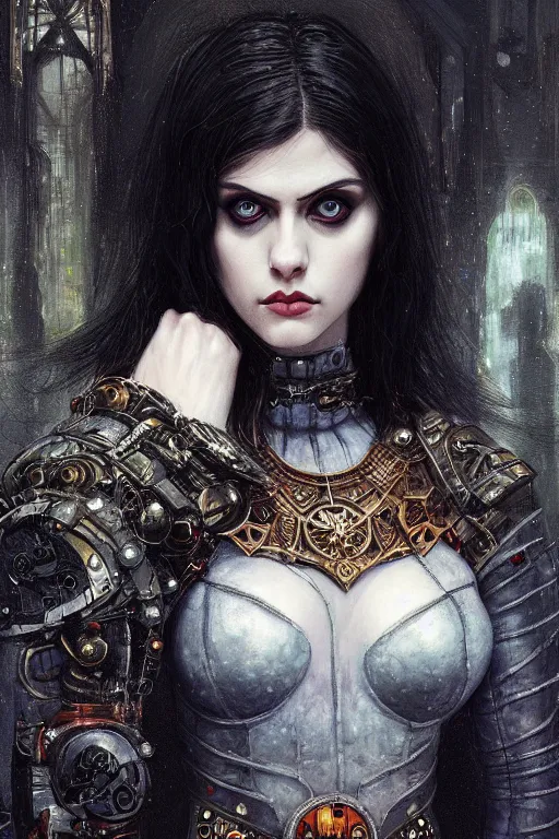 Image similar to portrait of beautiful gothic Alexandra Daddario, cyberpunk, Warhammer, highly detailed, artstation, illustration, art by Gustav Klimt