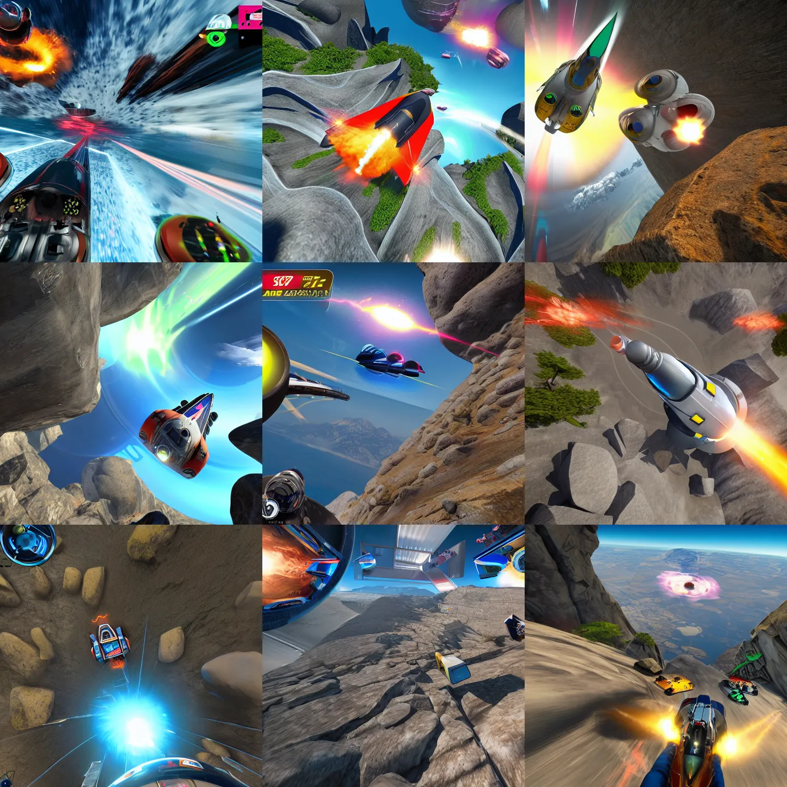 Prompt: view from above distorted view dynamic spacecraft speed race game into mountain rocks by Blizzard and Ubisoft