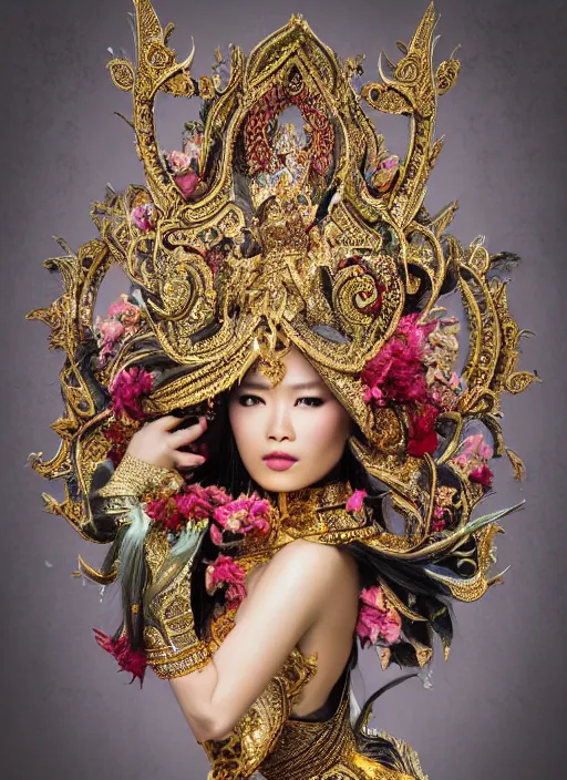 Image similar to expressive full body photo of a thai female model, ornate headpiece made from flowers, ornaments, glamour shot, by karol bak, by stefan gesell, photorealistic, canon r 3, fashion photography, hyper maximalist, elegant, ornate, luxury, elite, environmental portrait, symmetrical features, octane render, unreal engine, solid dark grey background, dramatic lights