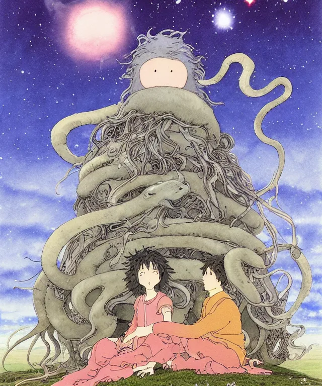 Image similar to a hyperrealist studio ghibli watercolor fantasy concept art. in the foreground is a giant long haired grey squid sitting in lotus position on top of stonehenge with shooting stars all over the sky in the background. by rebecca guay, michael kaluta, charles vess