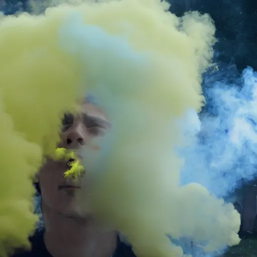 Prompt: astral man blowing yellow smoke, intoxicating a group of people