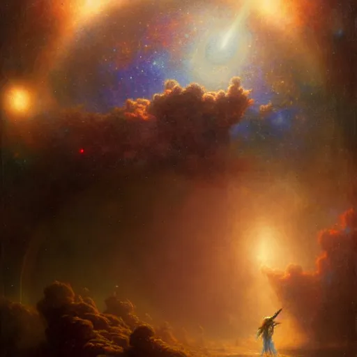 Image similar to a lonley and gloomy baby in middle of space surrounded by colorful stars planets and galaxies, high detail, by gaston bussiere, bayard wu, greg rutkowski, odd nerdrum, maxim verehin, dan dos santos, masterpiece, sharp focus, cinematic lightning