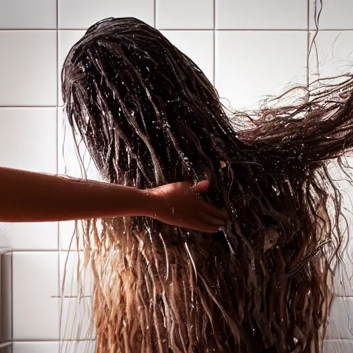 Prompt: mess of hair on shower wall. tangled strands of hair. tangled pieces of human hair.