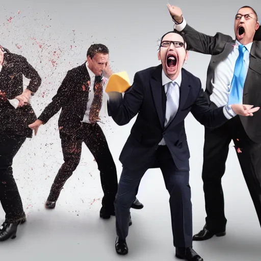 Image similar to cool business people throwing computers, screaming yelling, smashing things. high resolution color magazine candid photograph.