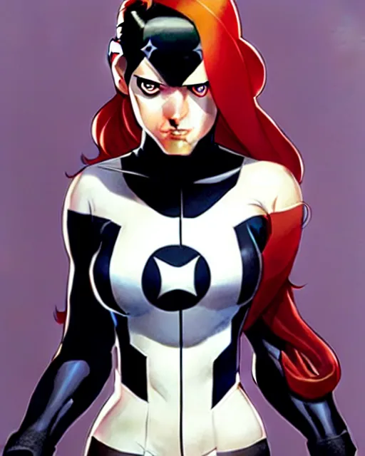 Prompt: phil noto comicbook cover art, artgerm, female domino marvel x - force, black circle spot right eye, symmetrical eyes, long red hair, full body, city rooftop