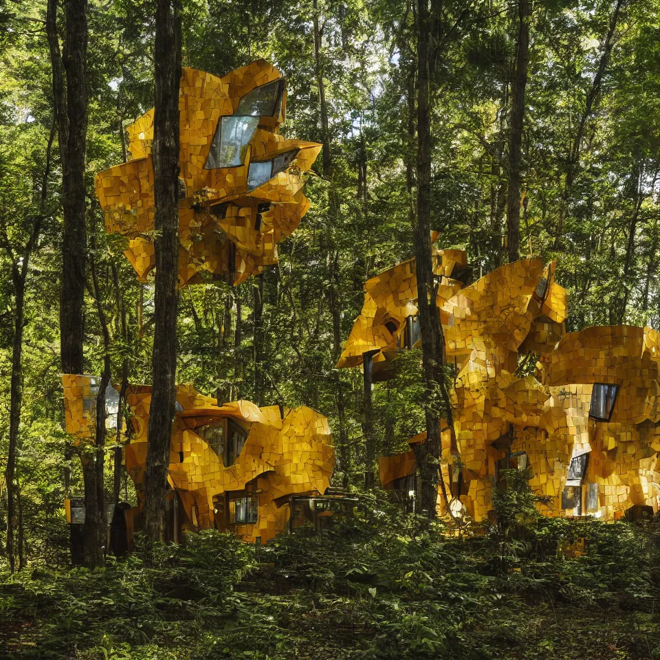 Image similar to a tiny tiny house with big tiles, from far away, in a forest, designed by frank gehry. film grain, cinematic, yellow hue
