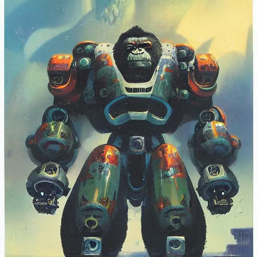 Prompt: a large anthropomorphic gorilla shaped mecha by paul lehr and moebius