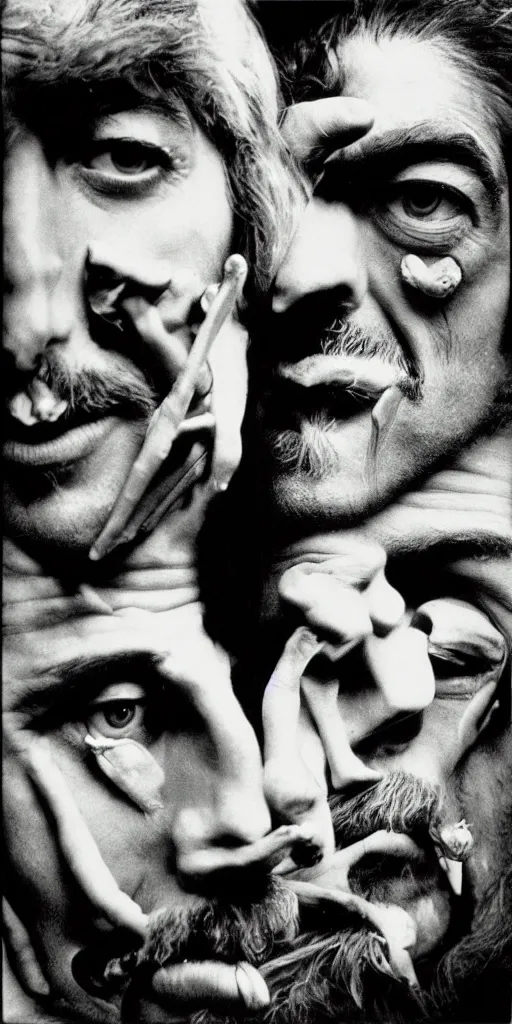 Prompt: award winning photo of pink floyd and frank zappa tripping on lsd and smoking weed, vivid colors, happy, symmetrical face, beautiful eyes, studio lighting, wide shot art by Sally Mann & Arnold Newman