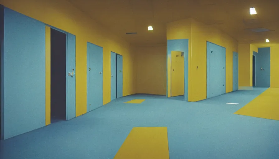 Image similar to 60s movie still of an empty sauna corridor fade yellow light and light blue tiles floor, cinestill 800t 50mm eastmancolor, liminal Space style, heavy grain