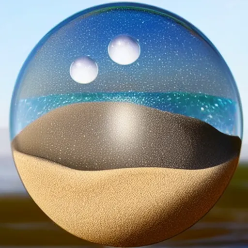 Prompt: a sphere made of sand levitating on water, highly detailed and photorealistic
