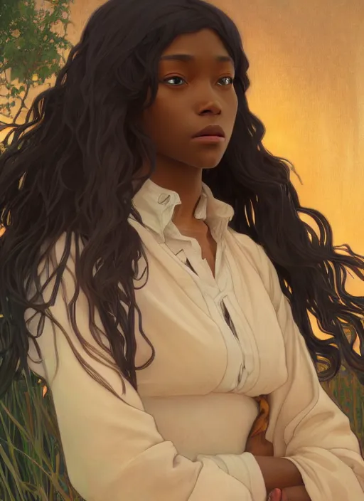 Image similar to pretty young black woman with shoulder length hair, path traced, highly detailed, high quality, digital painting, by studio ghibli and alphonse mucha, leesha hannigan, makoto shinkai, disney