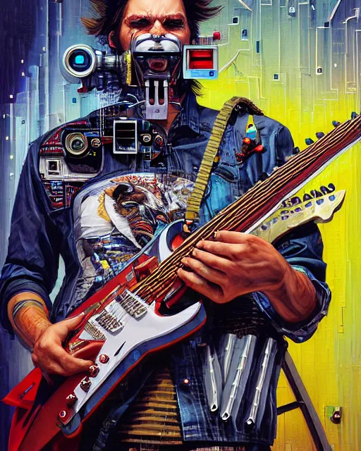 Image similar to a portrait of an anthropomorphic cyberpunk bison shredding an electric guitar by sandra chevrier, by jon foster, detailed render, tape deck, epic composition, cybernetics, 4 k realistic, cryengine, realistic shaded lighting, sharp focus, masterpiece, by enki bilal