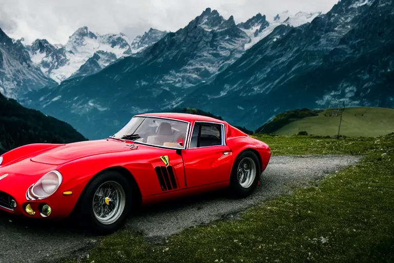 Image similar to car photography of Ferrari 250 GTO series 2 in the Swiss Alps by Emmanuel Lubezki